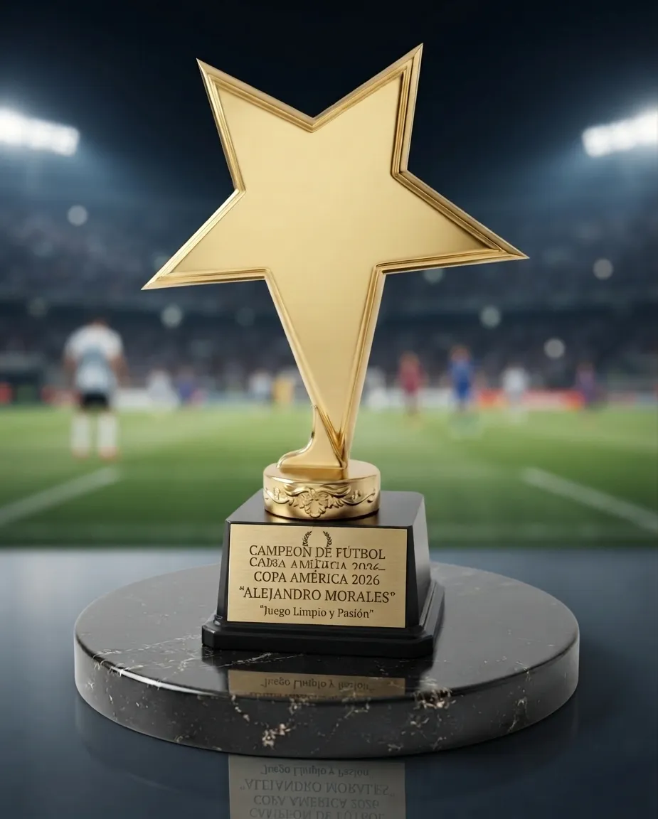 detalle de la estrella metálica dorada del trofeo con base en vidrio desde bogota