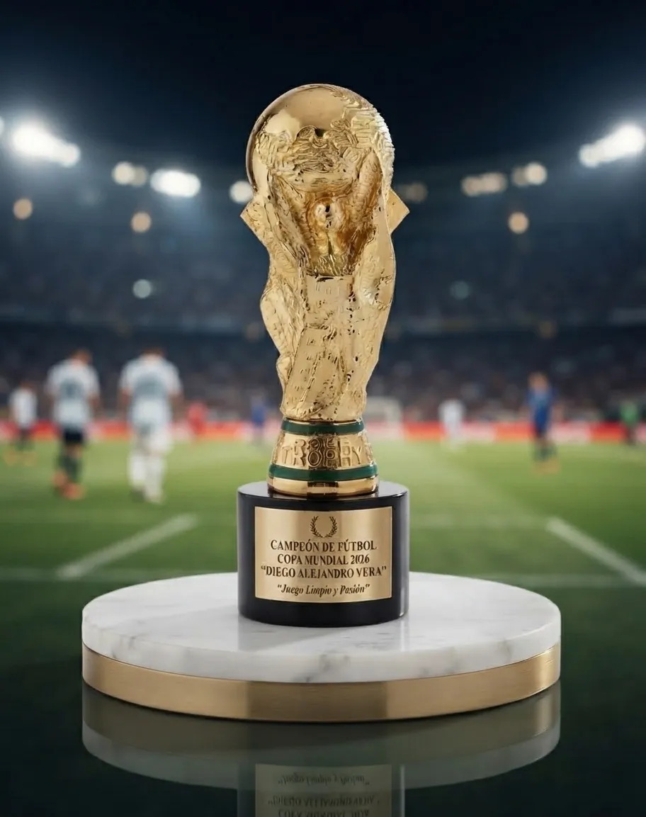 detalle del acabado dorado del trofeo estilo copa del mundo para torneos