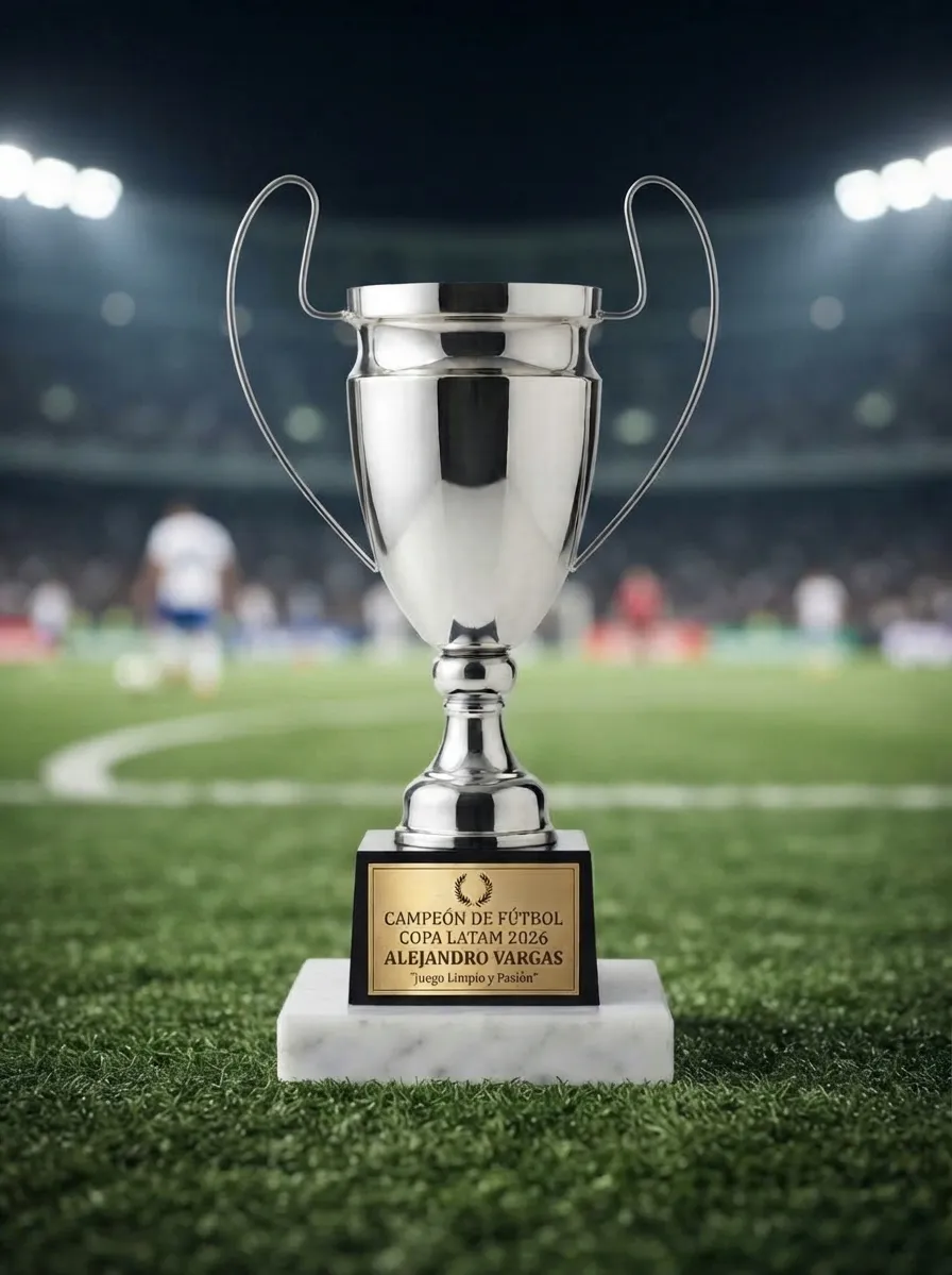 detalle del cuerpo metálico plateado de la copa champions