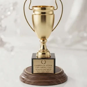 trofeo copa metálica champions dorada con base en plástico negro