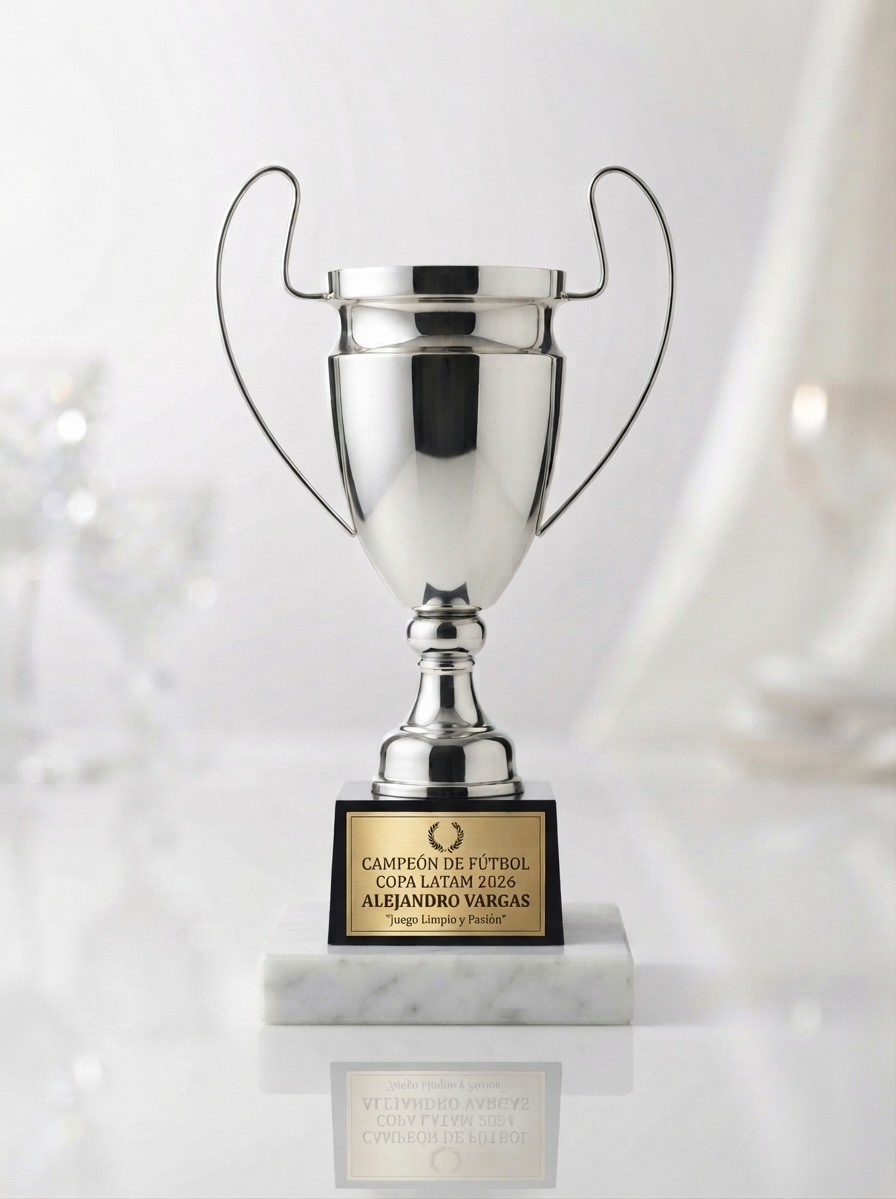 trofeo copa metálica champions plateada con base en plástico negro