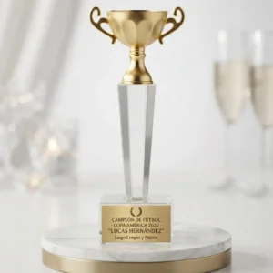 trofeo torre hexagonal minicopa en vidrio cristal con copa metálica dorada desde bogota