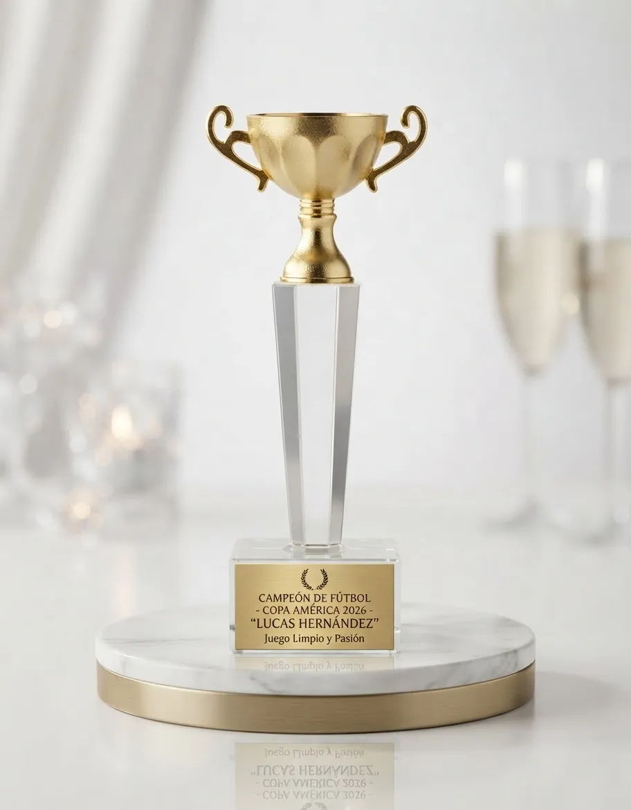 trofeo torre hexagonal minicopa en vidrio cristal con copa metálica dorada desde bogota